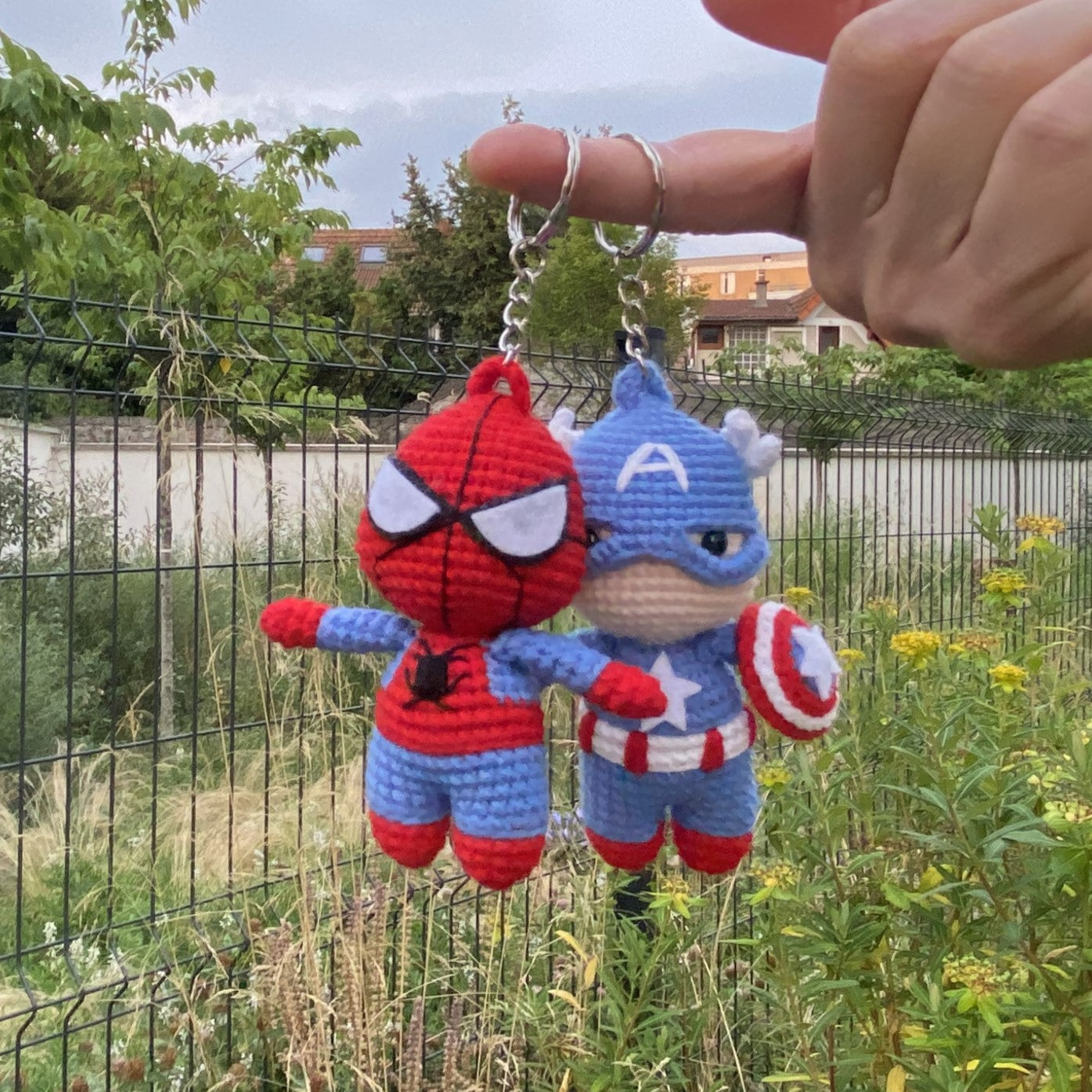 Handmade Crochet Spider-Man and Captain America Keychains