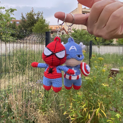 Handmade Crochet Spider-Man and Captain America Keychains