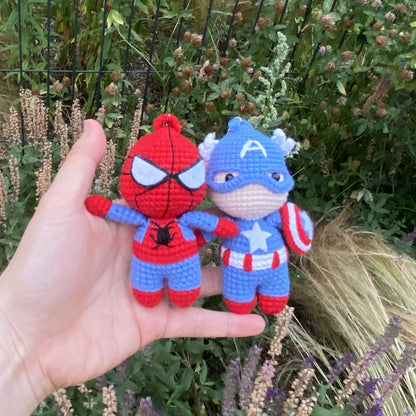 Handmade Crochet Spider-Man and Captain America Keychains