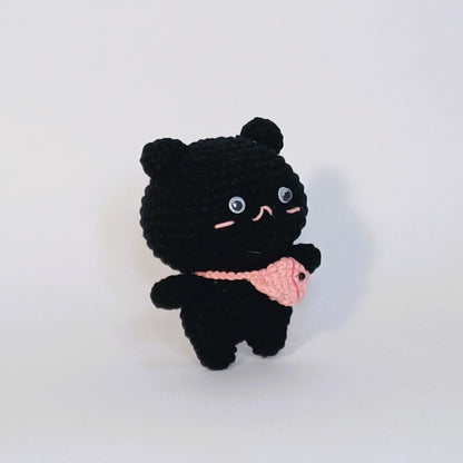 Handmade crochet of the black cat with a fish bag