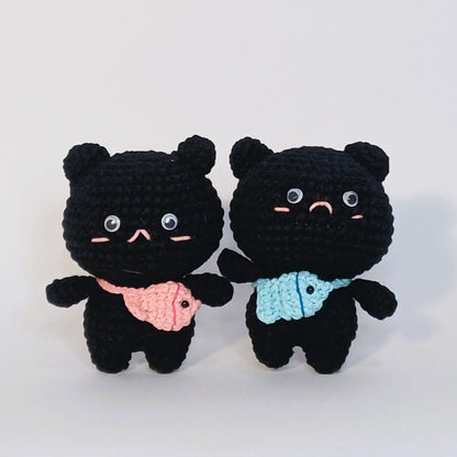 Handmade crochet of the black cat with a fish bag